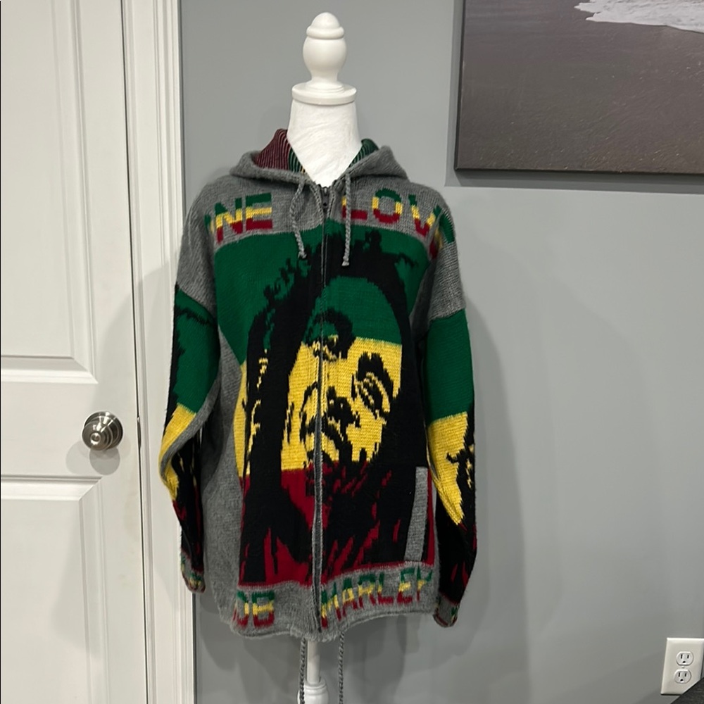 Gray and Green Zip Up Sweater with Bold Design